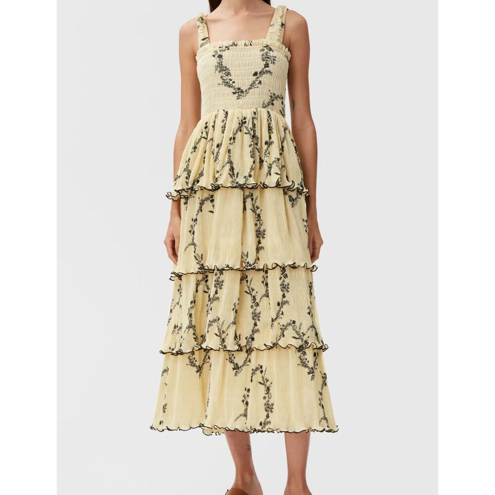 Ganni Floral Print Plissé Georgette Midi Dress